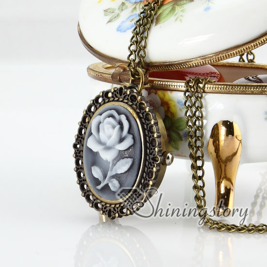 brass antique style openwork cameo rose pocket watch pendant long chain necklaces
