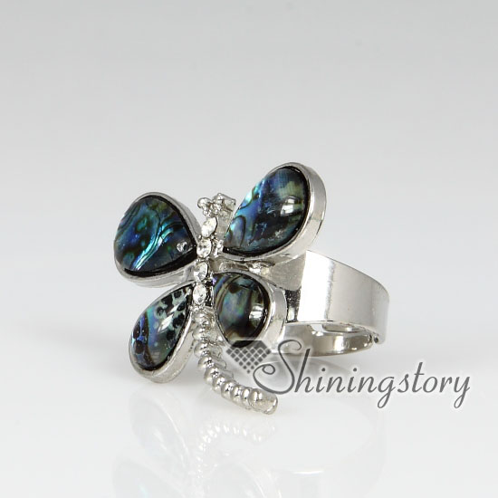 dragonfly seawater rainbow abalone mother of pearl silver filled brass finger rings jewelry