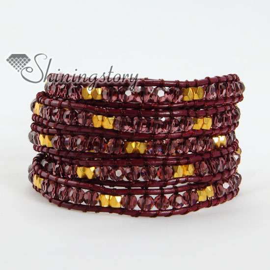 five layer crystal gold beaded leather wrap bracelets