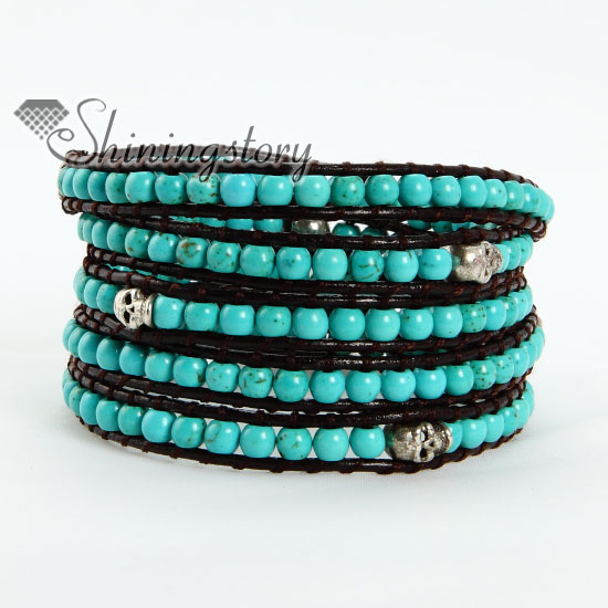 five layer turquoise bead beaded leather wrap bracelets
