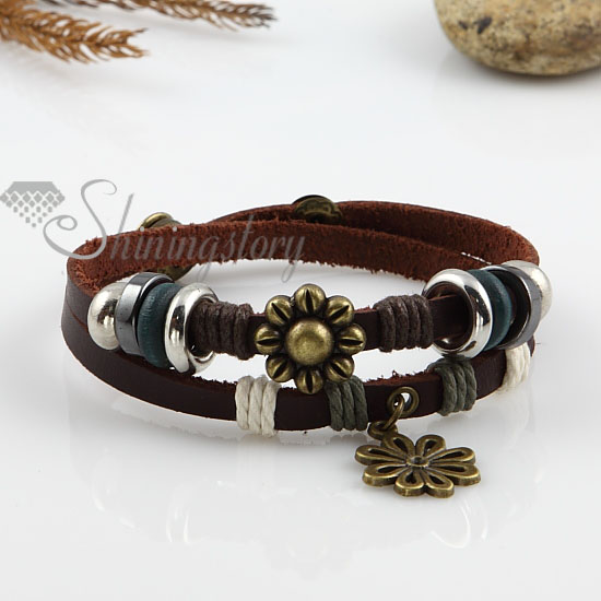 flower double layer with alloy genuine leather bracelets