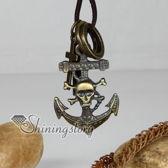genuine leather brass cross anchor skull pendant adjustable long necklaces