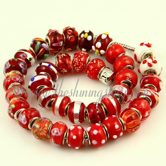 red lampwork glass big hole beads for fit charms bracelets