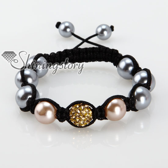rhinestone glitter ball pave beads and pearl macrame bracelets