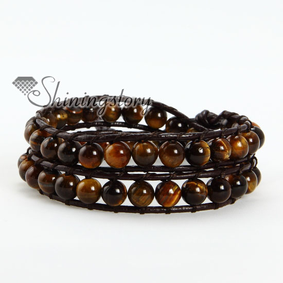 two layer tigereye bead beaded leather wrap bracelets