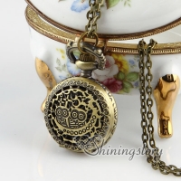 brass antique style openwork double night owl pocket watch pendant long chain necklaces