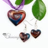 heart glitter swirled pattern lampwork murano italian venetian handmade glass pendants and earrings jewelry sets purple