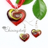 heart glitter swirled pattern lampwork murano italian venetian handmade glass pendants and earrings jewelry sets red