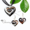 heart glitter swirled pattern lampwork murano italian venetian handmade glass pendants and earrings jewelry sets brown