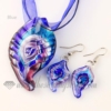 leaf foil venetian murano glass pendants and earrings jewelry blue