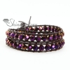 two layer crystal bead beaded leather wrap bracelets purple