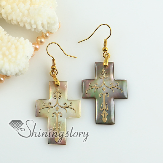 cross filigree penguin oyster sea shell mother of pearl dangle earrings