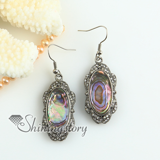oval rainbow abalone oyster sea shell mother of pearl rhinestone dangle earrings