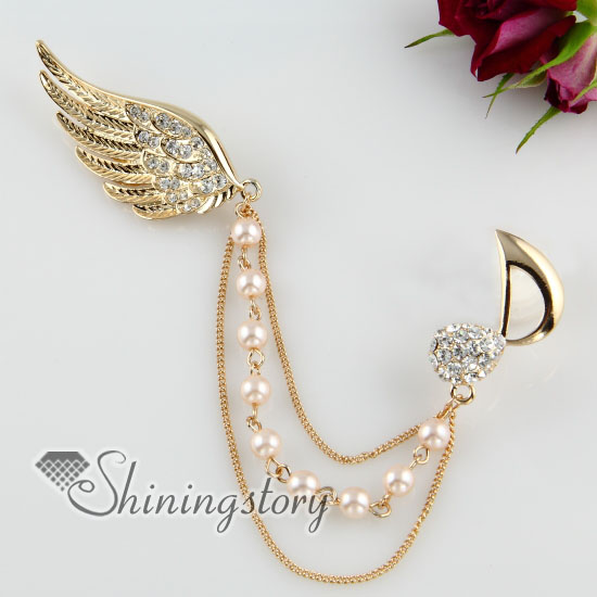 angel wing pearls rhinestone pin scarf brooch with chain