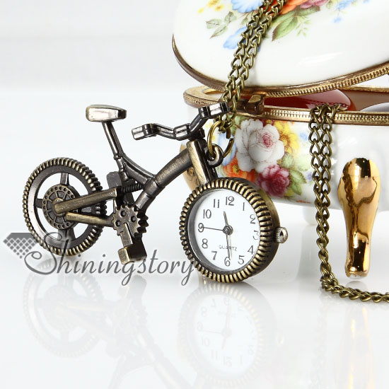 brass antique style bicycle pocket watch pendant long chain necklaces for men and women unisex