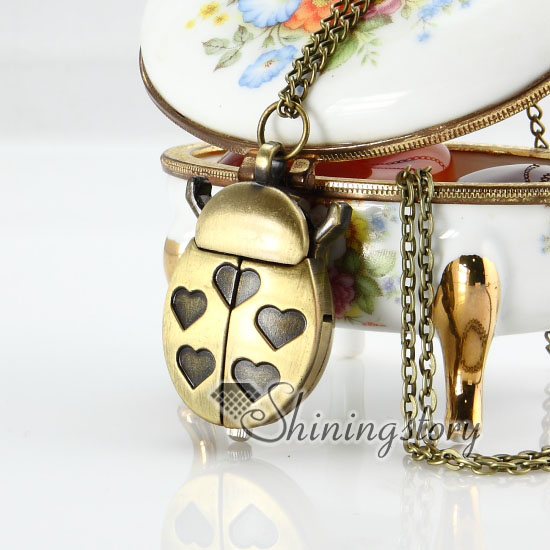 brass antique style ladybug heart pocket watch pendant long chain necklaces