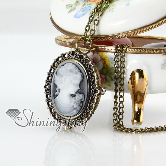 brass antique style openwork cameo lady head pocket watch pendant long chain necklaces