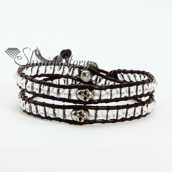 crystal silver skull bead beaded leather wrap bracelets