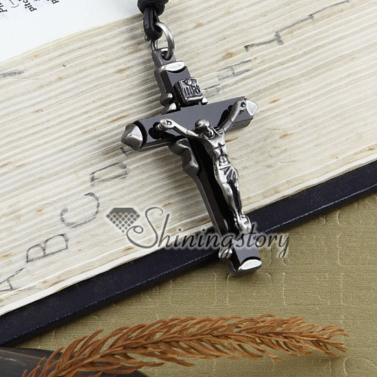 leather christan cross long chain pendants necklaces