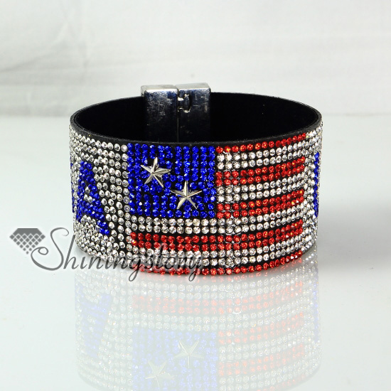 leather crystal rhinestone uk usa flag snap wrap slake bracelets wholesale