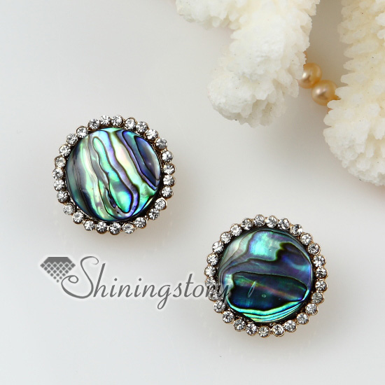 Round Seawater Rainbow Abalone S Mother Of Pearl And Crystal Round Seawater Rainbow Abalone S Mother Of Pearl And Crystal Rhinestone Stud Earrings Green