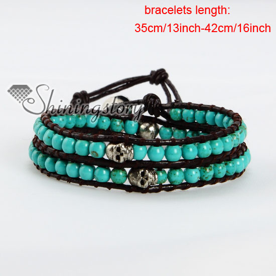 Turquoise Silver Skull Bead Beaded Leather Wrap Bracelets Turquoise Silver Skull Bead Beaded Leather Wrap Bracelets