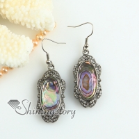 oval rainbow abalone oyster sea shell mother of pearl rhinestone dangle earrings