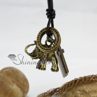 genuine leather elephant nameplate cross round adjustable long pendants necklaces antique punk gothic styole