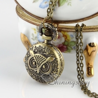 brass antique style night owl pocket watch pendant long chain necklaces