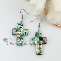 cross patchwork seawater rainbow abalone white oyster shell mother of pearl dangle earrings