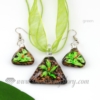 flower glitter venetian murano glass pendants and earrings jewelry green