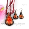 flower glitter venetian murano glass pendants and earrings jewelry light red