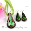 flower glitter venetian murano glass pendants and earrings jewelry green