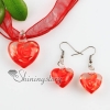 heart with flowers inside lampwork murano italian venetian handmade glass pendants and earrings jewelry sets red