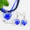 heart with flowers inside lampwork murano italian venetian handmade glass pendants and earrings jewelry sets dark blue