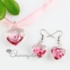 heart with flowers inside lampwork murano italian venetian handmade glass pendants and earrings jewelry sets Rose