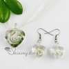 heart with flowers inside lampwork murano italian venetian handmade glass pendants and earrings jewelry sets white