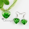 heart with flowers inside lampwork murano italian venetian handmade glass pendants and earrings jewelry sets green