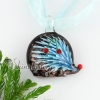 hedgehog with flowers inside glitter murano glass necklaces pendants light blue
