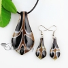 leaf glitter lampwork murano italian venetian handmade glass pendants and earrings jewelry sets black