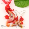 seahorse foil venetian murano glass pendants and earrings jewelry red