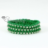 three layer silver rhinestone bead cotton cord leather warp bracelets deep green