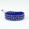 three layer silver rhinestone bead cotton cord leather warp bracelets blue