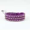 three layer silver rhinestone bead cotton cord leather warp bracelets purple